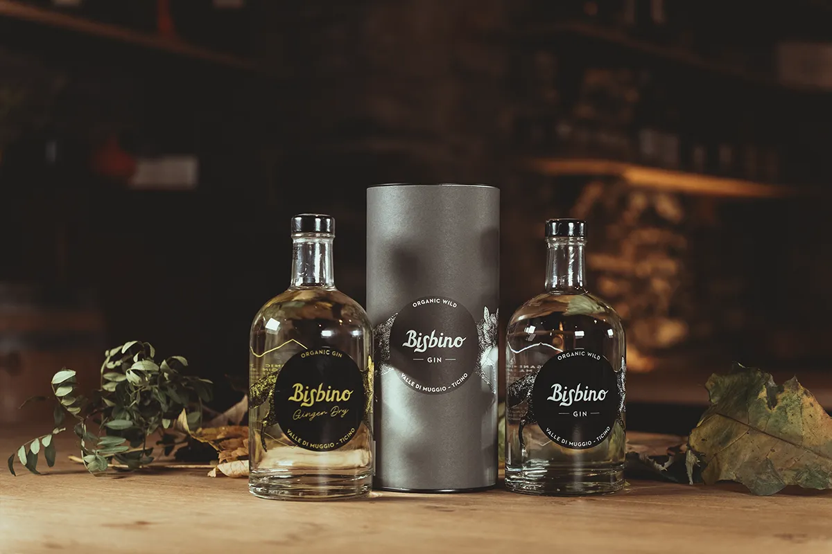 Gamma prodotti Bisbino con gin, amaro e birra in composizione su banco