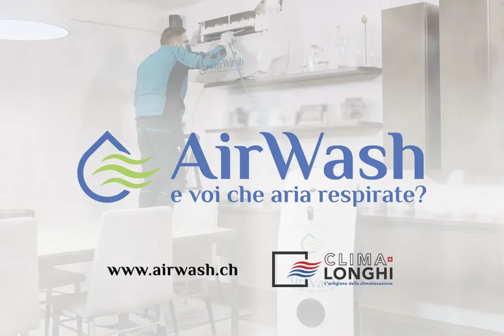 Logo AirWash Clima Longhi su sfondo tecnico pulizia climatizzatore