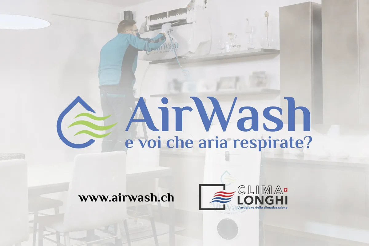 Logo AirWash Clima Longhi su sfondo tecnico pulizia climatizzatore