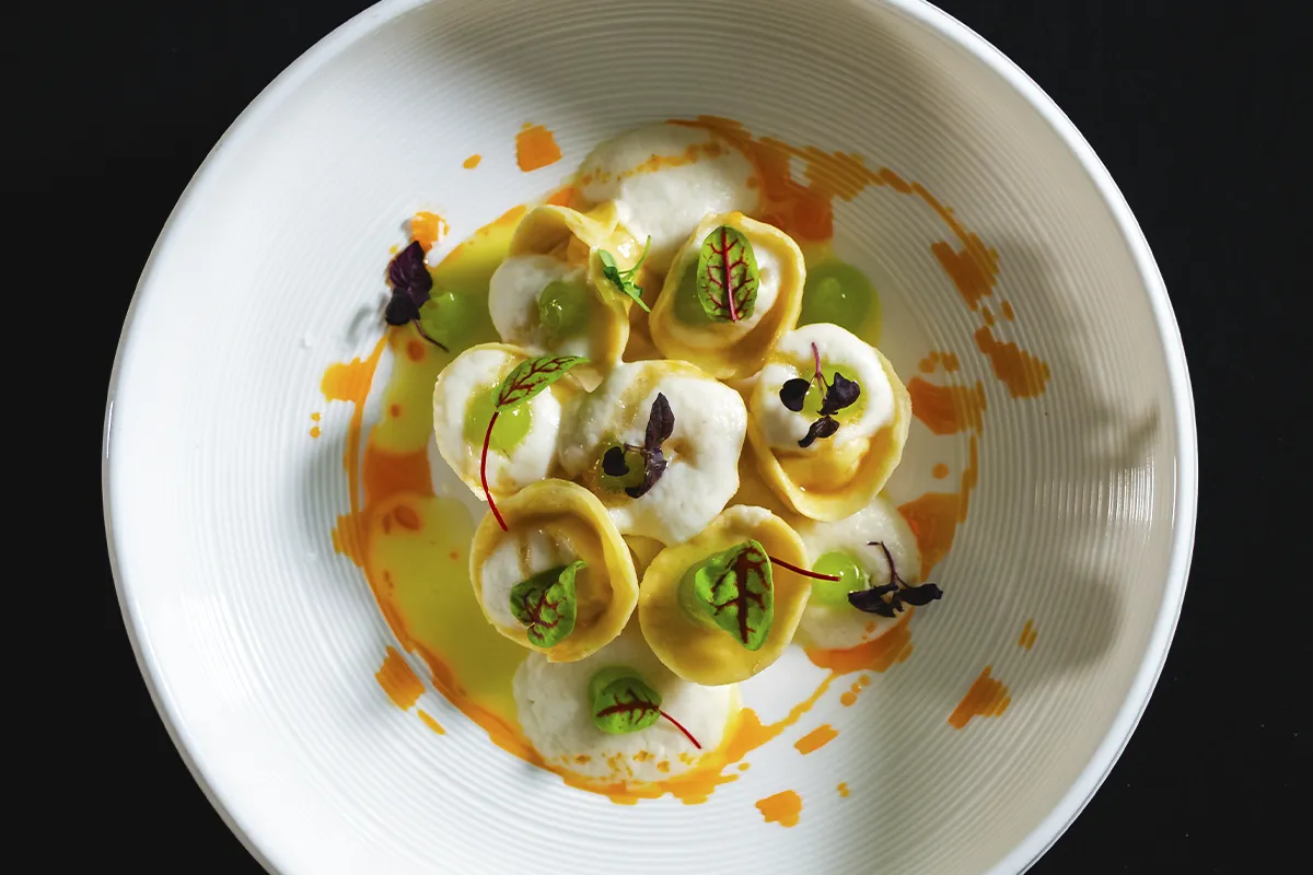 Tortellini ripieni salsa zafferano microgreens piatto gourmet Core Mio